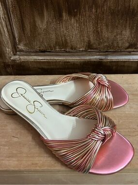 Jessica Simpson Pink and Gold Twisted Knot Slide Mules